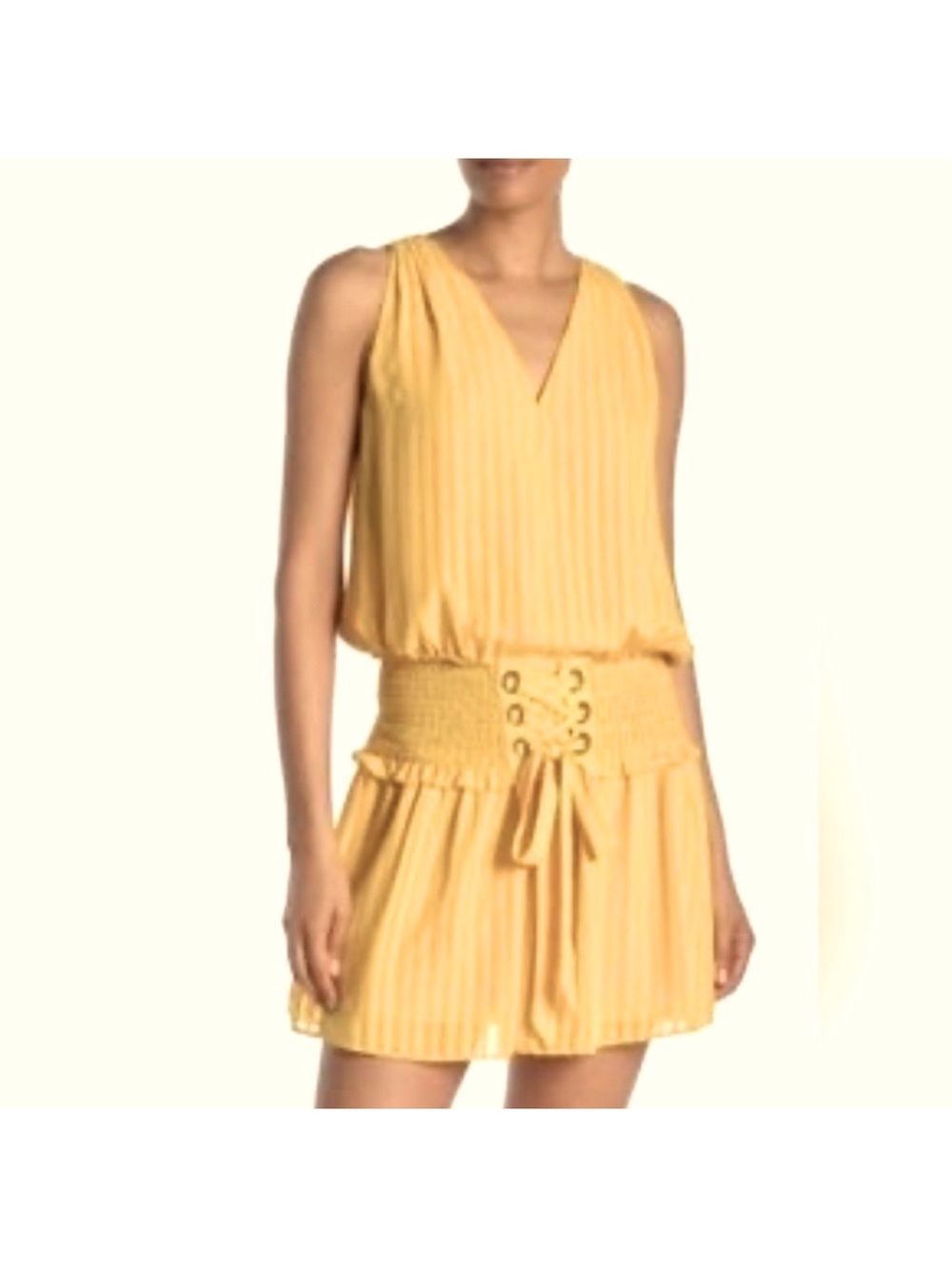 Ramy Brook 100% Silk Mini Dress Tonal Stripes Smocked Waist Grommet Lacing.
